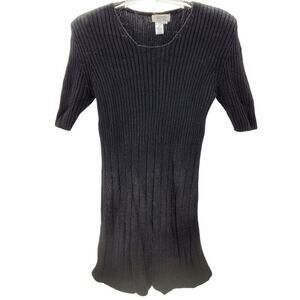 Elements Vintage Black Ribbed Knit Stretchy Short Sleeve‎ Basic Midi Dress